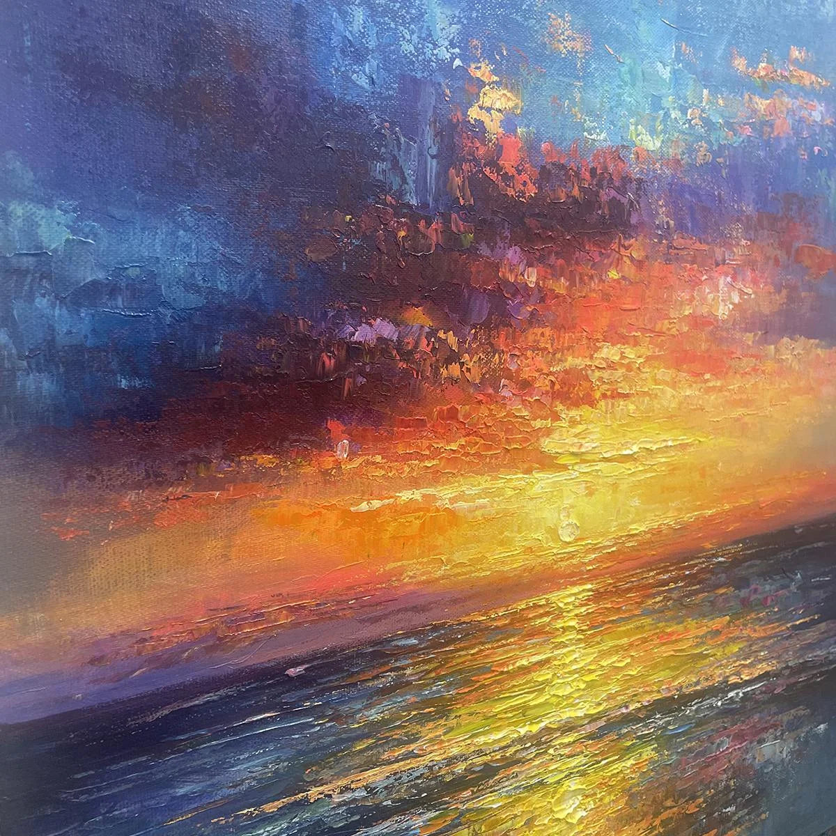 GOLDEN HOUR: Vibrant Sunset Seascape Oil Painting | rectangular format, hand-painted canvas edge