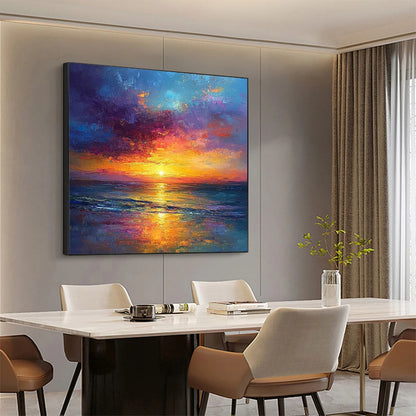 GOLDEN HOUR: Vibrant Sunset Seascape Oil Painting | gold frame stretched on neutral wall