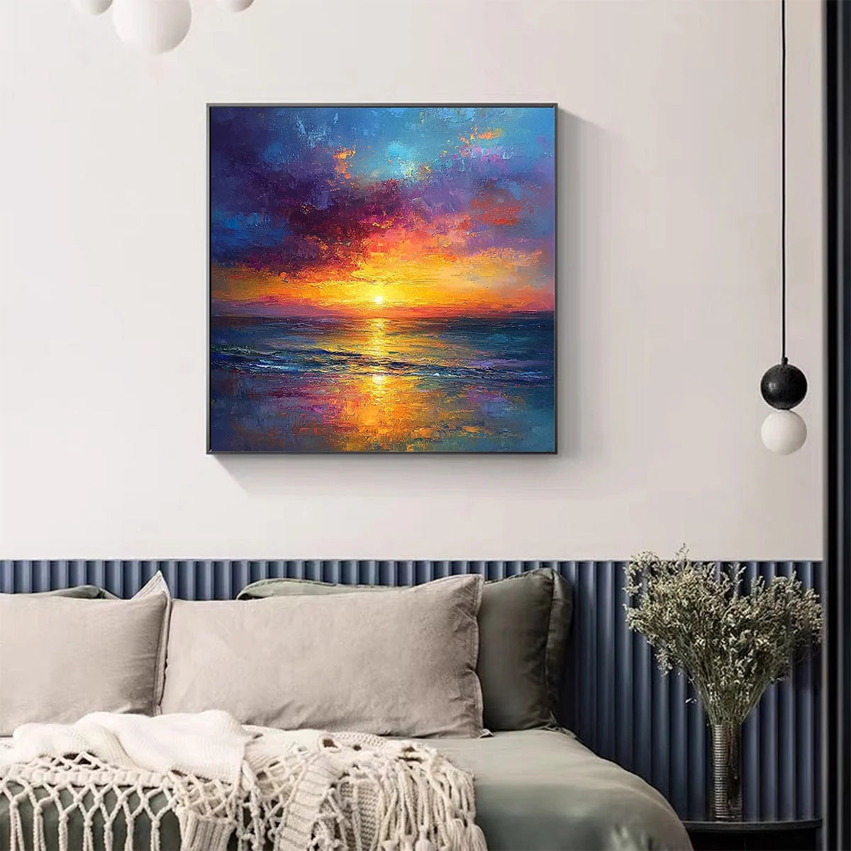 GOLDEN HOUR: Vibrant Sunset Seascape Oil Painting | black frame version on white wall