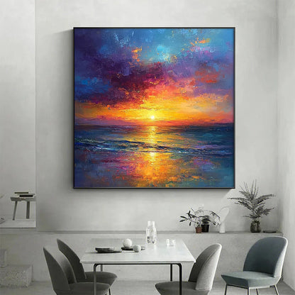 GOLDEN HOUR: Vibrant Sunset Seascape Oil Painting | Abstract mood, soft natural light studio shot
