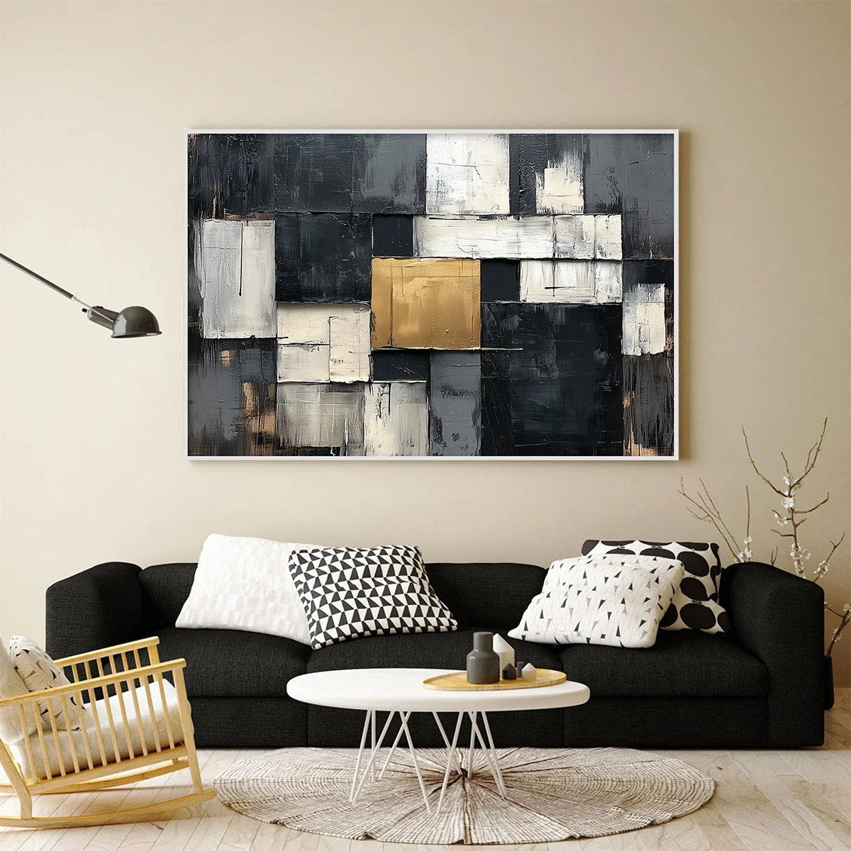 GOLDEN INTERSECTION: Textured Abstract Geometric Oil Painting | Minimalist closeup, raised brushwork detail