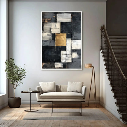 GOLDEN INTERSECTION: Textured Abstract Geometric Oil Painting | rectangular format, hand-painted canvas edge