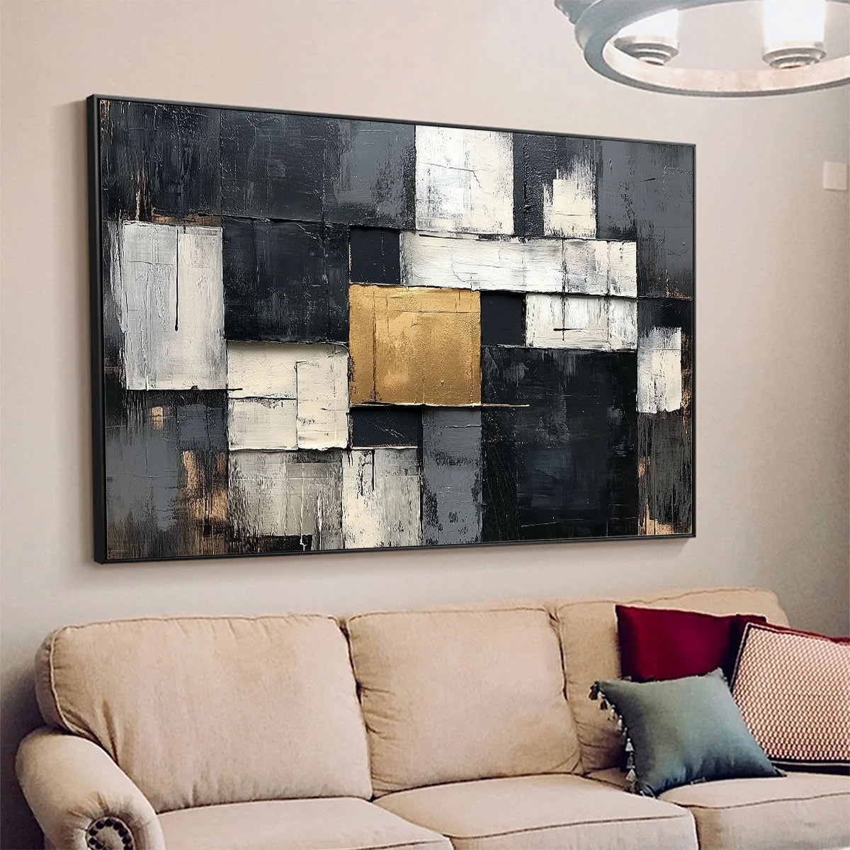 GOLDEN INTERSECTION: Textured Abstract Geometric Oil Painting | gold frame stretched on neutral wall