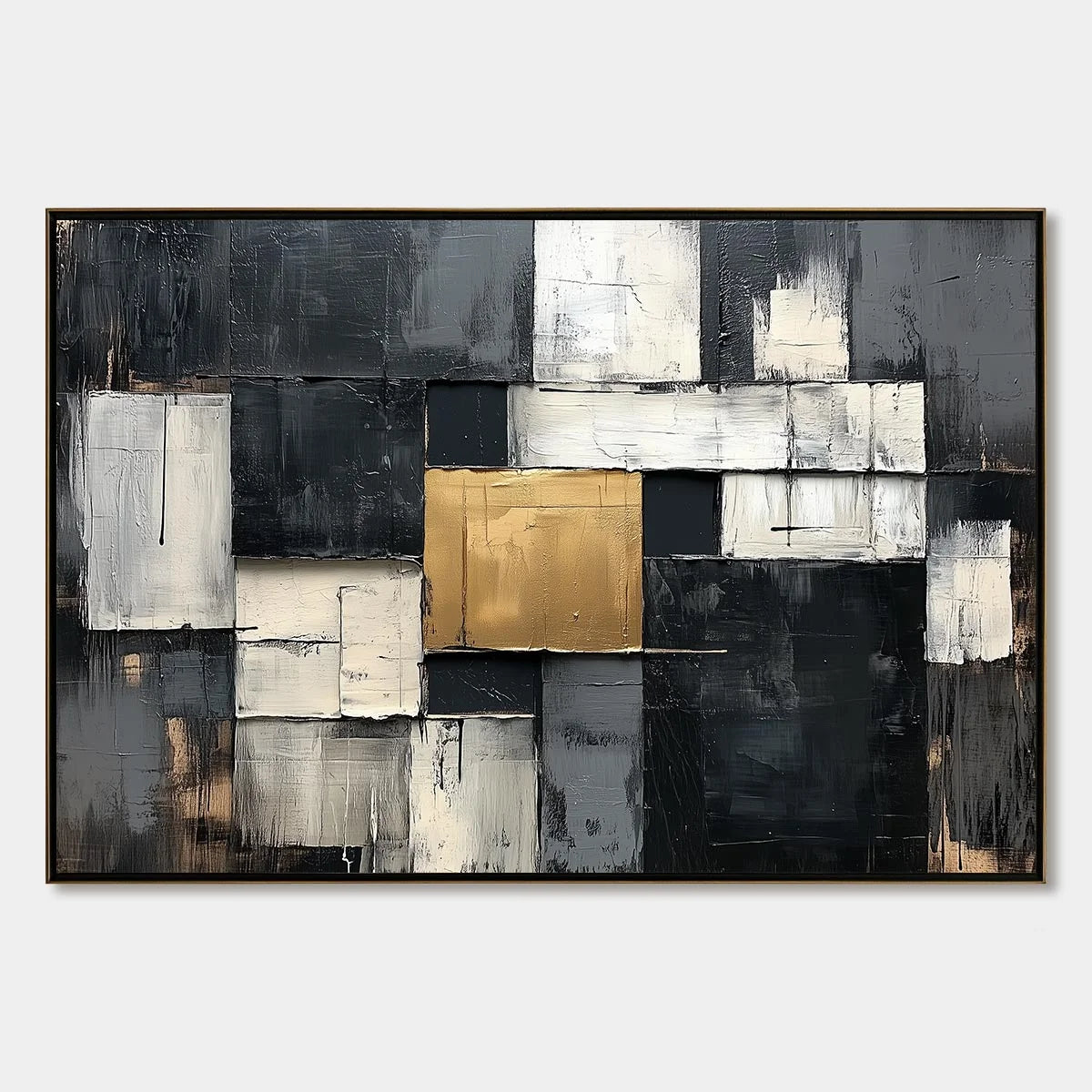 GOLDEN INTERSECTION: Textured Abstract Geometric Oil Painting | hanging in living room, Minimalist wall art