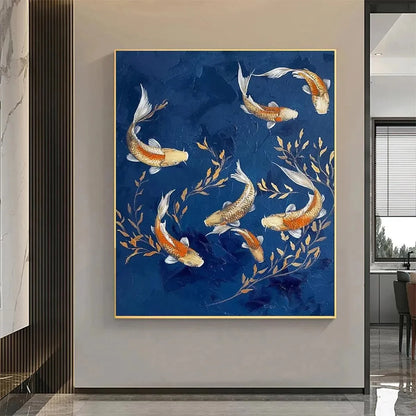 GOLDEN KOI: Vertical Koi Fish Painting on Blue Background | textured closeup, raised brushwork detail