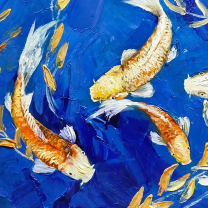 GOLDEN KOI: Vertical Koi Fish Painting on Blue Background | rectangular format, hand-painted canvas edge