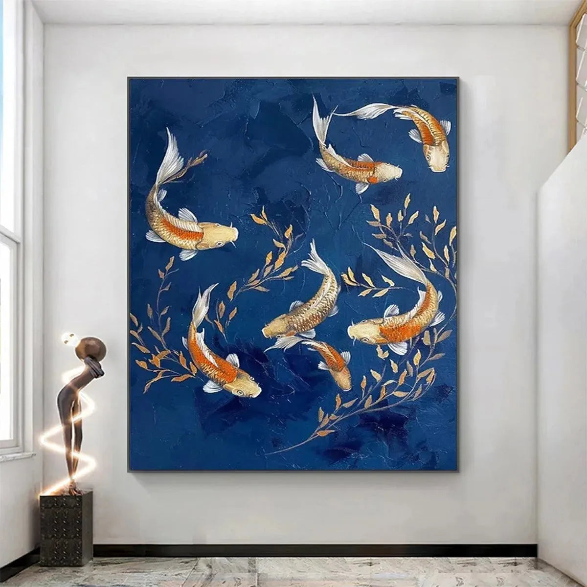 GOLDEN KOI: Vertical Koi Fish Painting on Blue Background | gold frame stretched on neutral wall