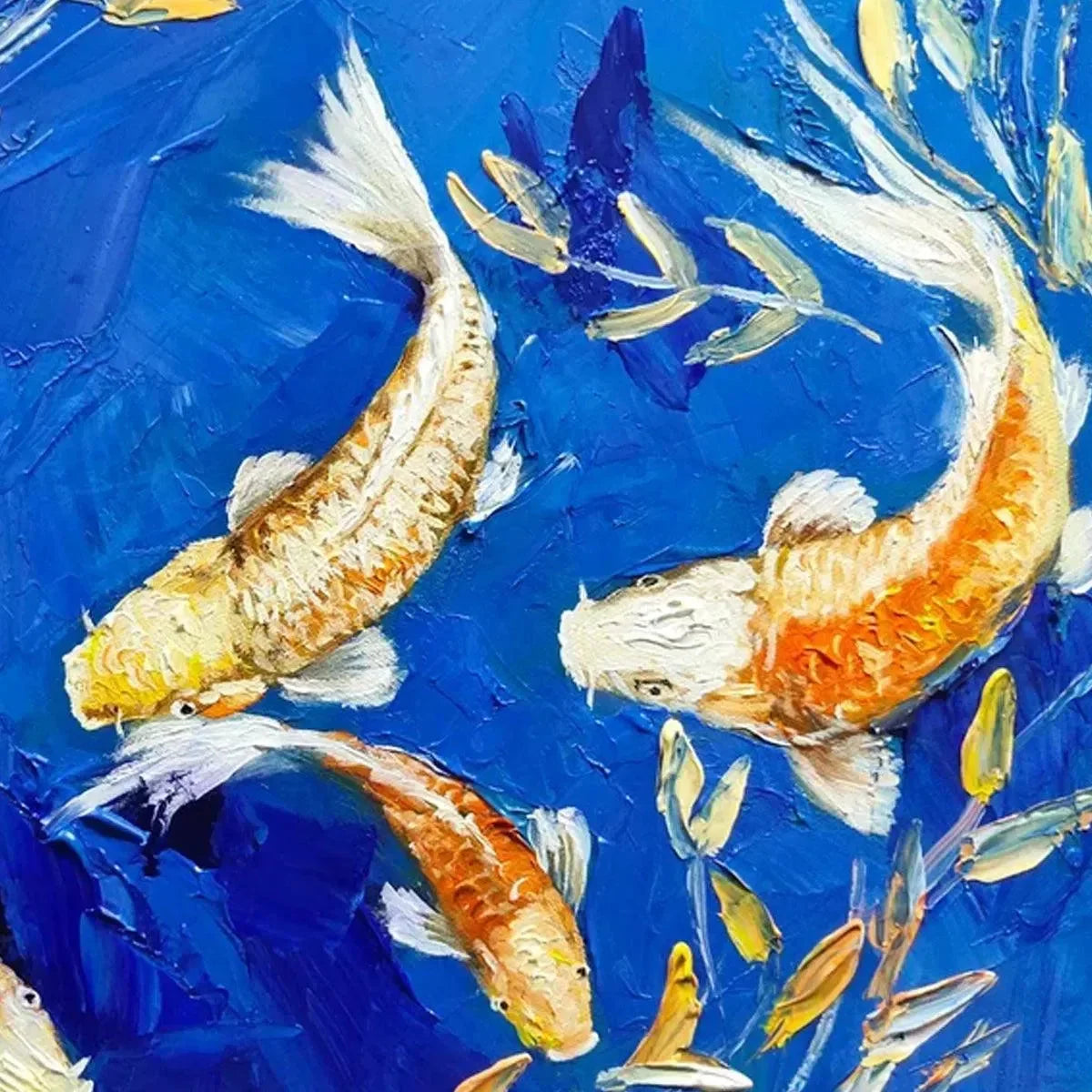 GOLDEN KOI: Vertical Koi Fish Painting on Blue Background | rolled canvas, ready for custom framing