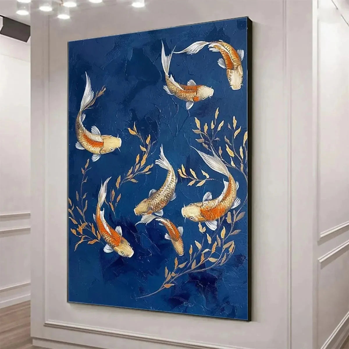 GOLDEN KOI: Vertical Koi Fish Painting on Blue Background | black frame version on white wall