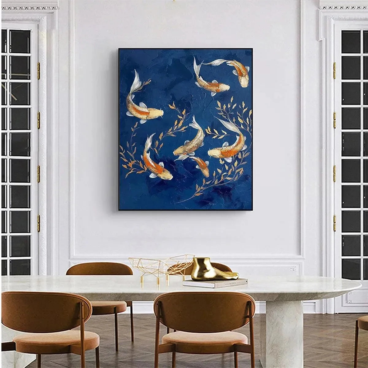 GOLDEN KOI: Vertical Koi Fish Painting on Blue Background | textured mood, soft natural light studio shot