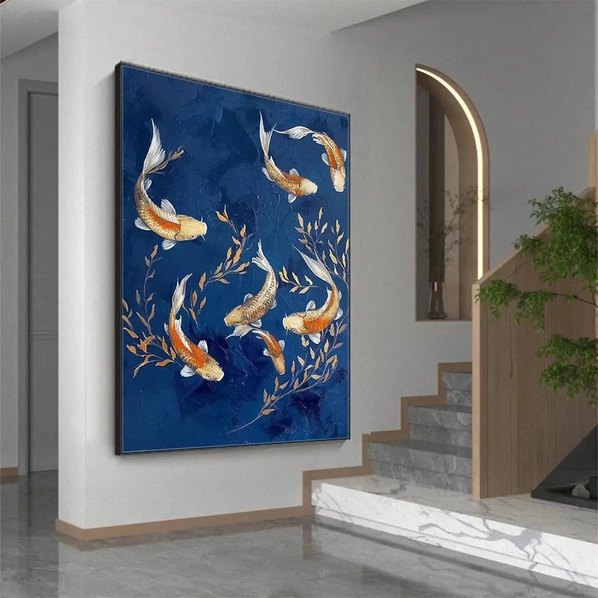 GOLDEN KOI: Vertical Koi Fish Painting on Blue Background | blue palette, original dining room art
