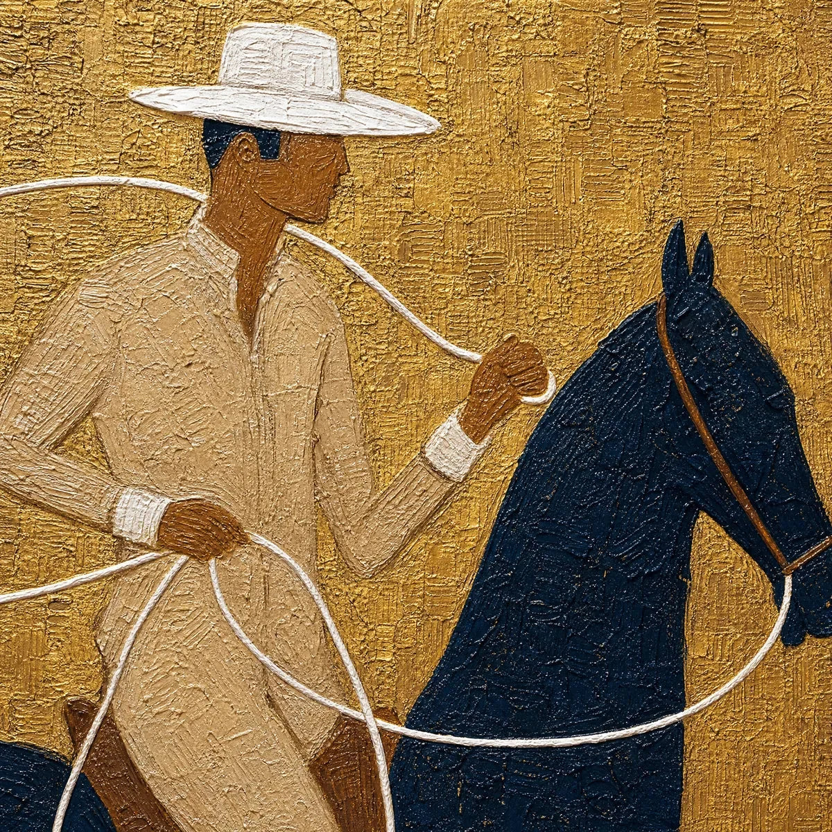 GOLDEN LASSO: Textured Wabi Sabi Painting of a Horseman | rectangular format, hand-painted canvas edge