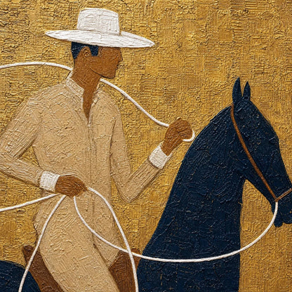 GOLDEN LASSO: Textured Wabi Sabi Painting of a Horseman | rectangular format, hand-painted canvas edge