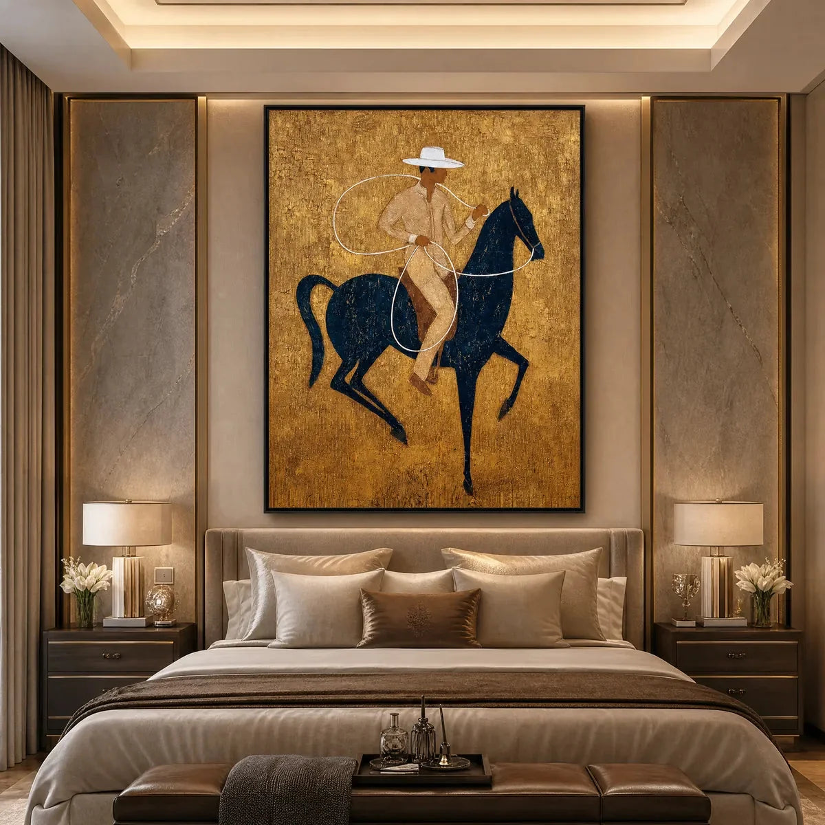 GOLDEN LASSO: Textured Wabi Sabi Painting of a Horseman | gold frame stretched on neutral wall