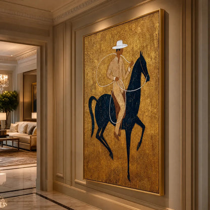 GOLDEN LASSO: Textured Wabi Sabi Painting of a Horseman | rolled canvas, ready for custom framing