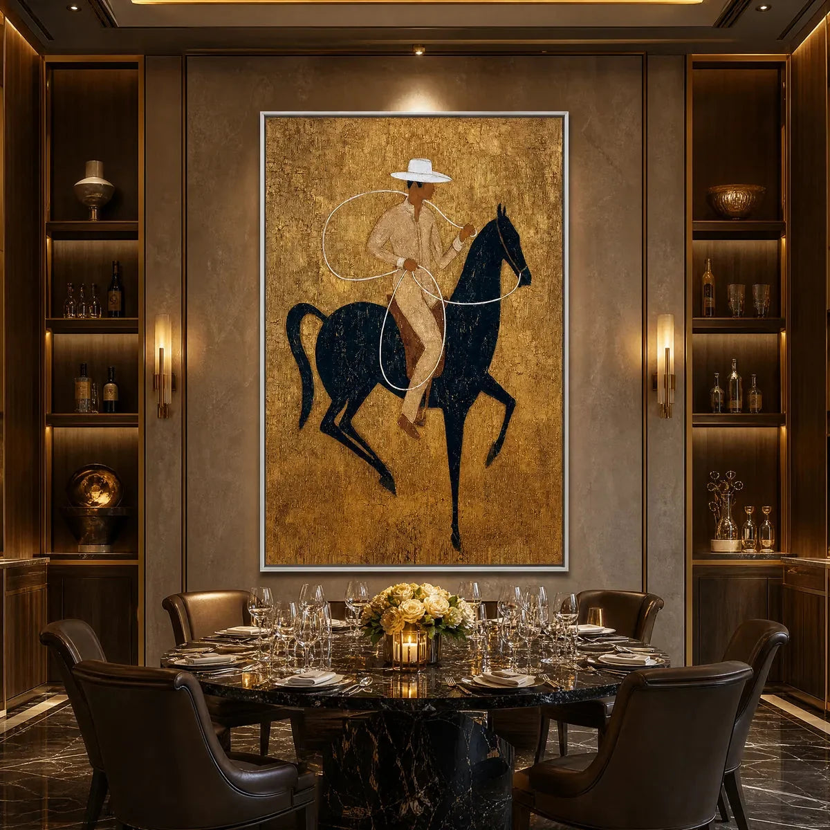 GOLDEN LASSO: Textured Wabi Sabi Painting of a Horseman | black frame version on white wall