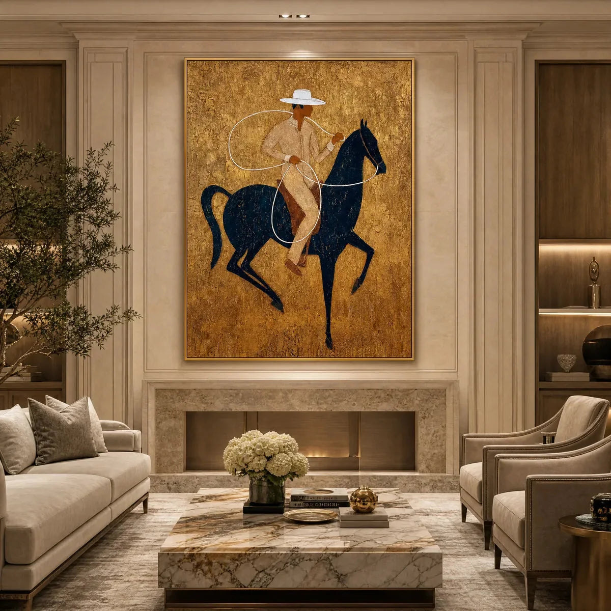 GOLDEN LASSO: Textured Wabi Sabi Painting of a Horseman | wabi sabi mood, soft natural light studio shot