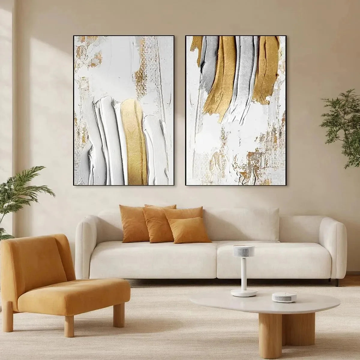 GOLDEN LINES DIPTYCH: Textured Abstract Painting Set of 2, Vertical Wall Art | Abstract closeup, raised brushwork detail