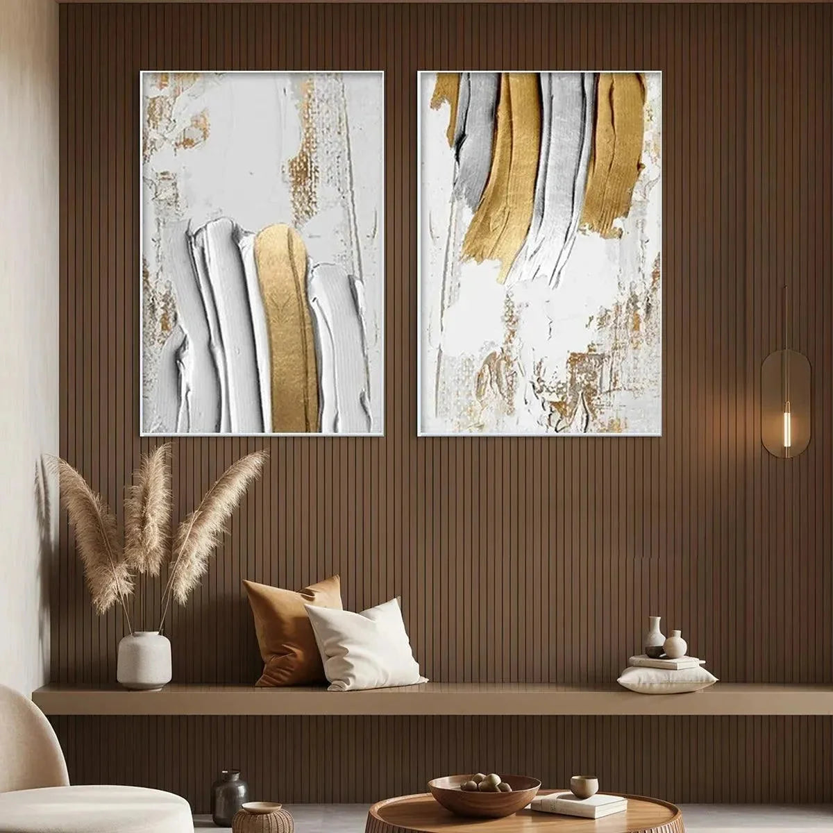 GOLDEN LINES DIPTYCH: Textured Abstract Painting Set of 2, Vertical Wall Art | gold frame stretched on neutral wall