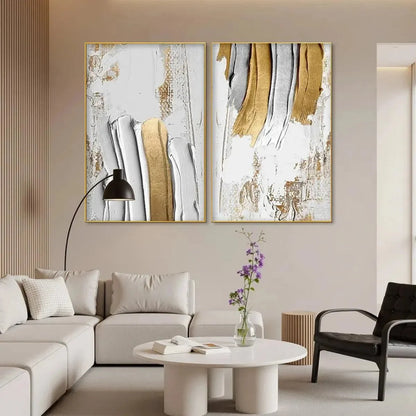GOLDEN LINES DIPTYCH: Textured Abstract Painting Set of 2, Vertical Wall Art | rolled canvas, ready for custom framing