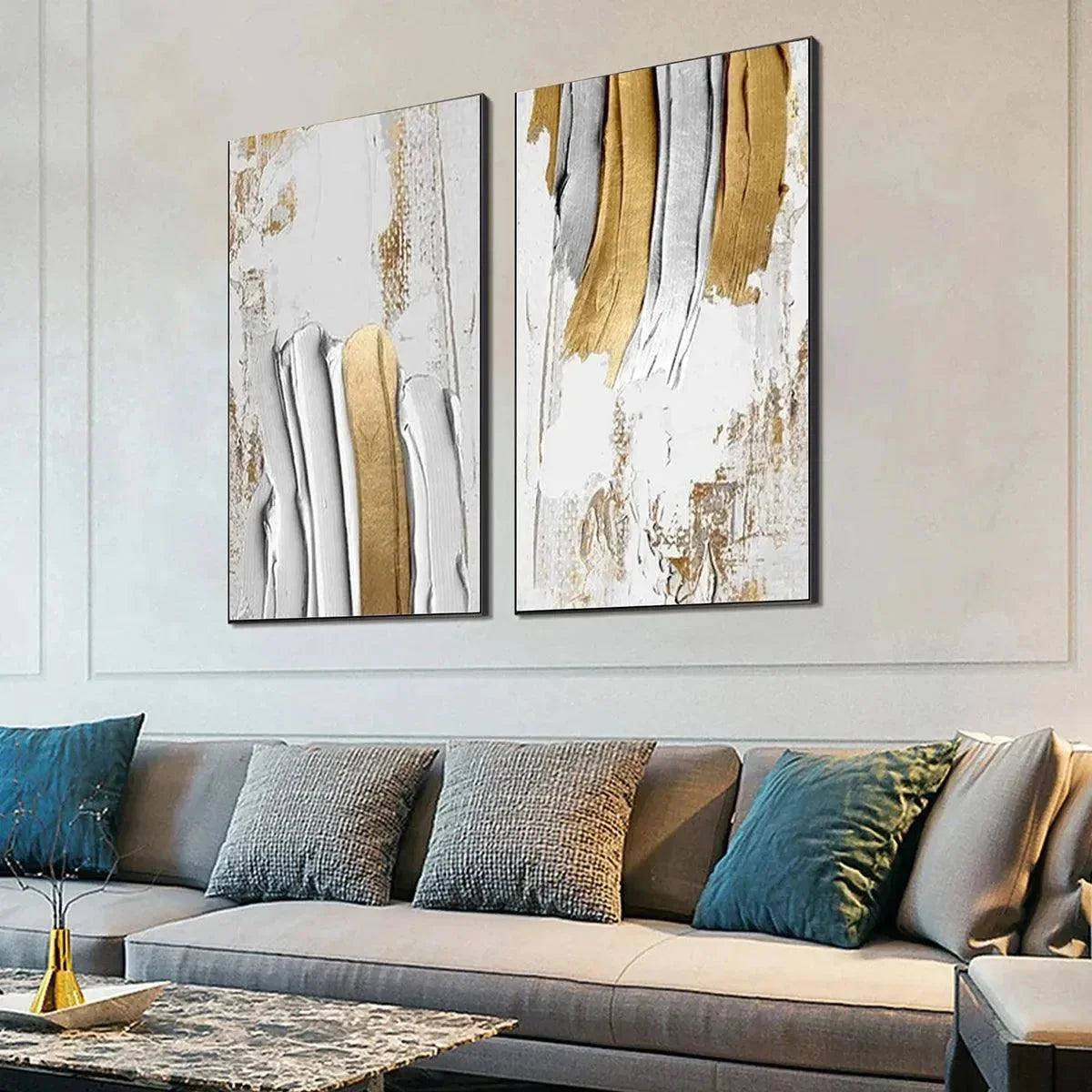GOLDEN LINES DIPTYCH: Textured Abstract Painting Set of 2, Vertical Wall Art | black frame version on white wall