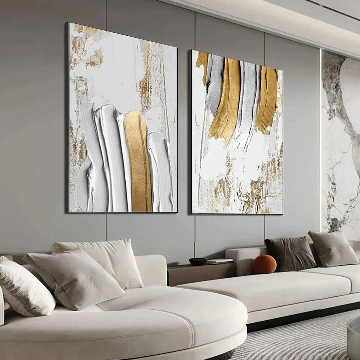 GOLDEN LINES DIPTYCH: Textured Abstract Painting Set of 2, Vertical Wall Art | Abstract mood, soft natural light studio shot
