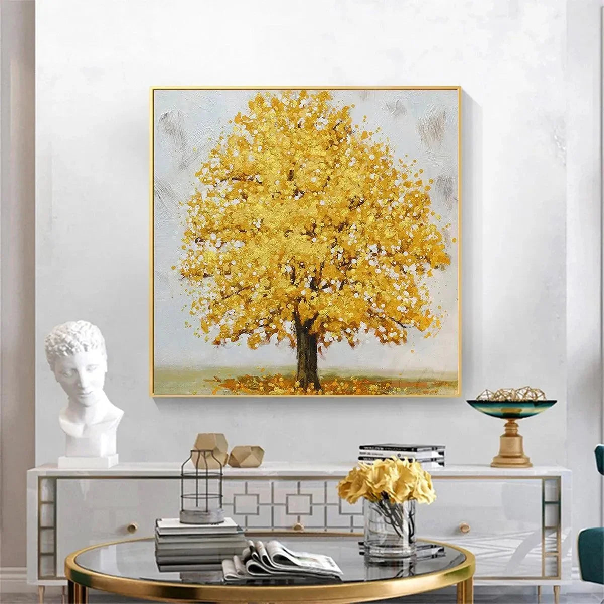 GOLDEN MAJESTY: Textured Golden Tree Painting, Square Wall Art | Figurative closeup, raised brushwork detail