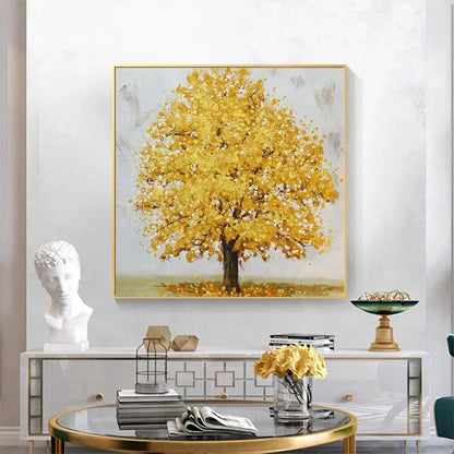 GOLDEN MAJESTY: Textured Golden Tree Painting, Square Wall Art | Figurative closeup, raised brushwork detail