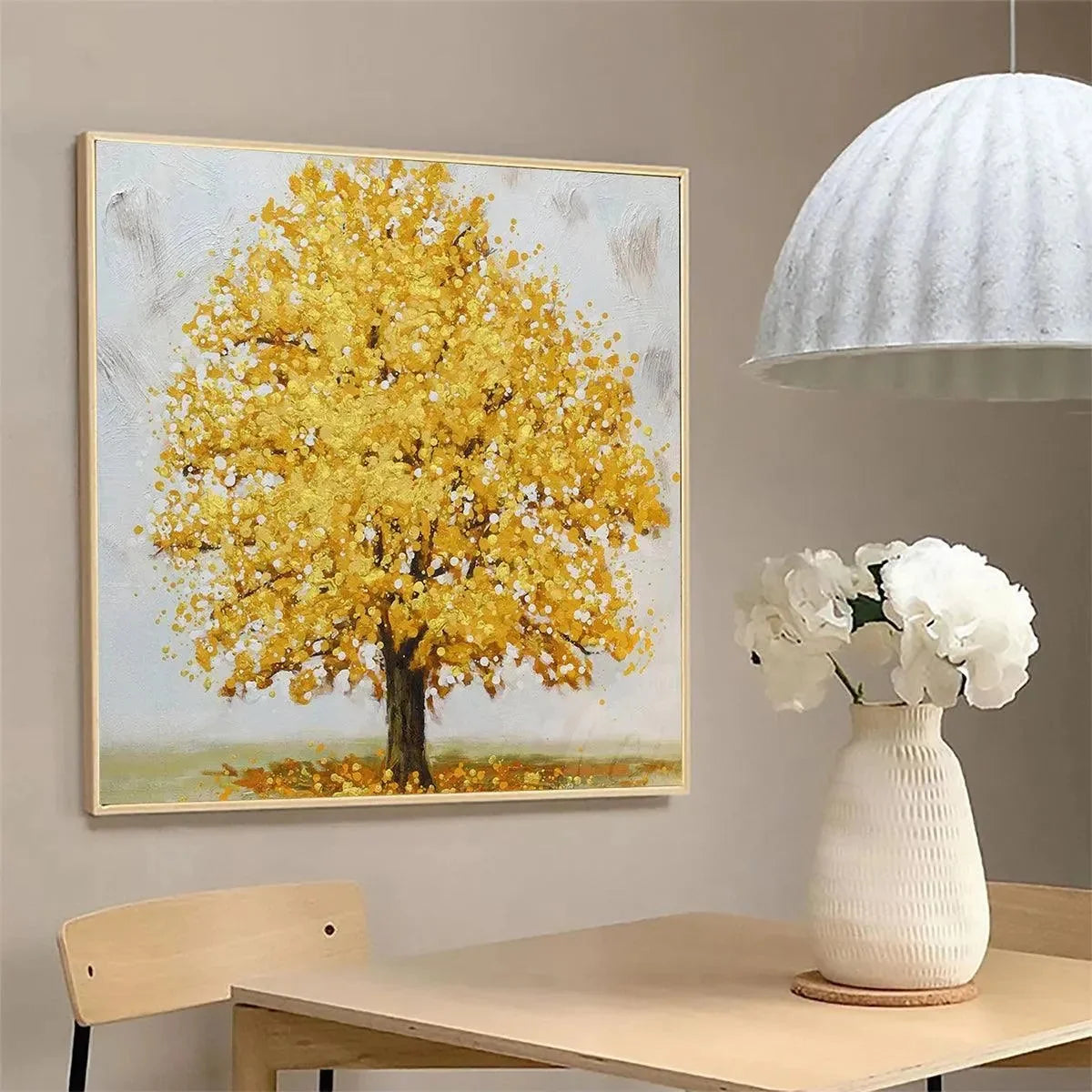 GOLDEN MAJESTY: Textured Golden Tree Painting, Square Wall Art | gold frame stretched on neutral wall