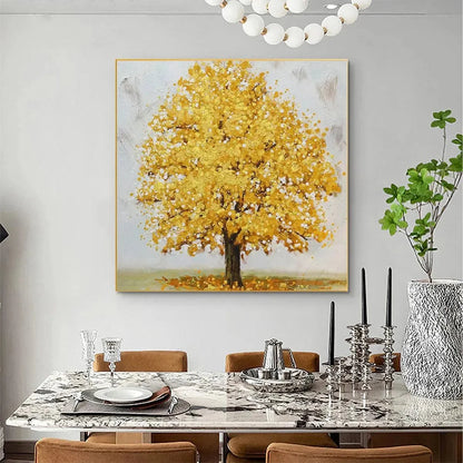 GOLDEN MAJESTY: Textured Golden Tree Painting, Square Wall Art | Figurative mood, soft natural light studio shot