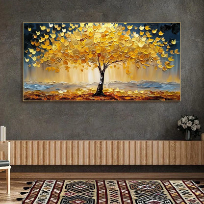 GOLDEN MAJESTY: Textured Impasto Golden Tree Oil Painting | Figurative closeup, raised brushwork detail