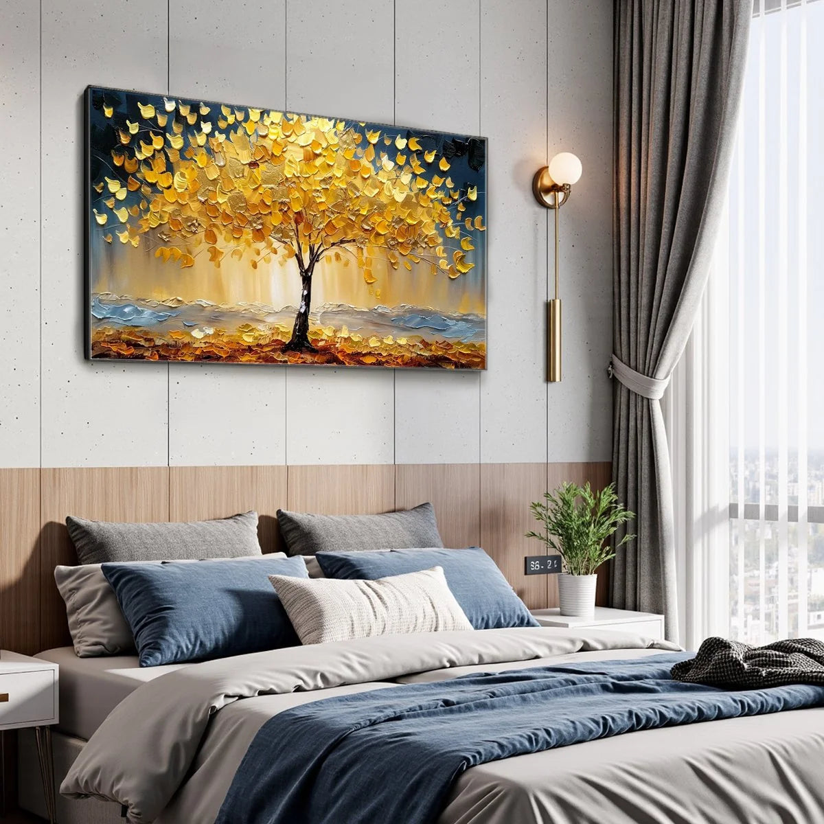 GOLDEN MAJESTY: Textured Impasto Golden Tree Oil Painting | gold frame stretched on neutral wall