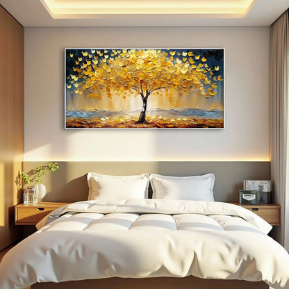 GOLDEN MAJESTY: Textured Impasto Golden Tree Oil Painting | black frame version on white wall