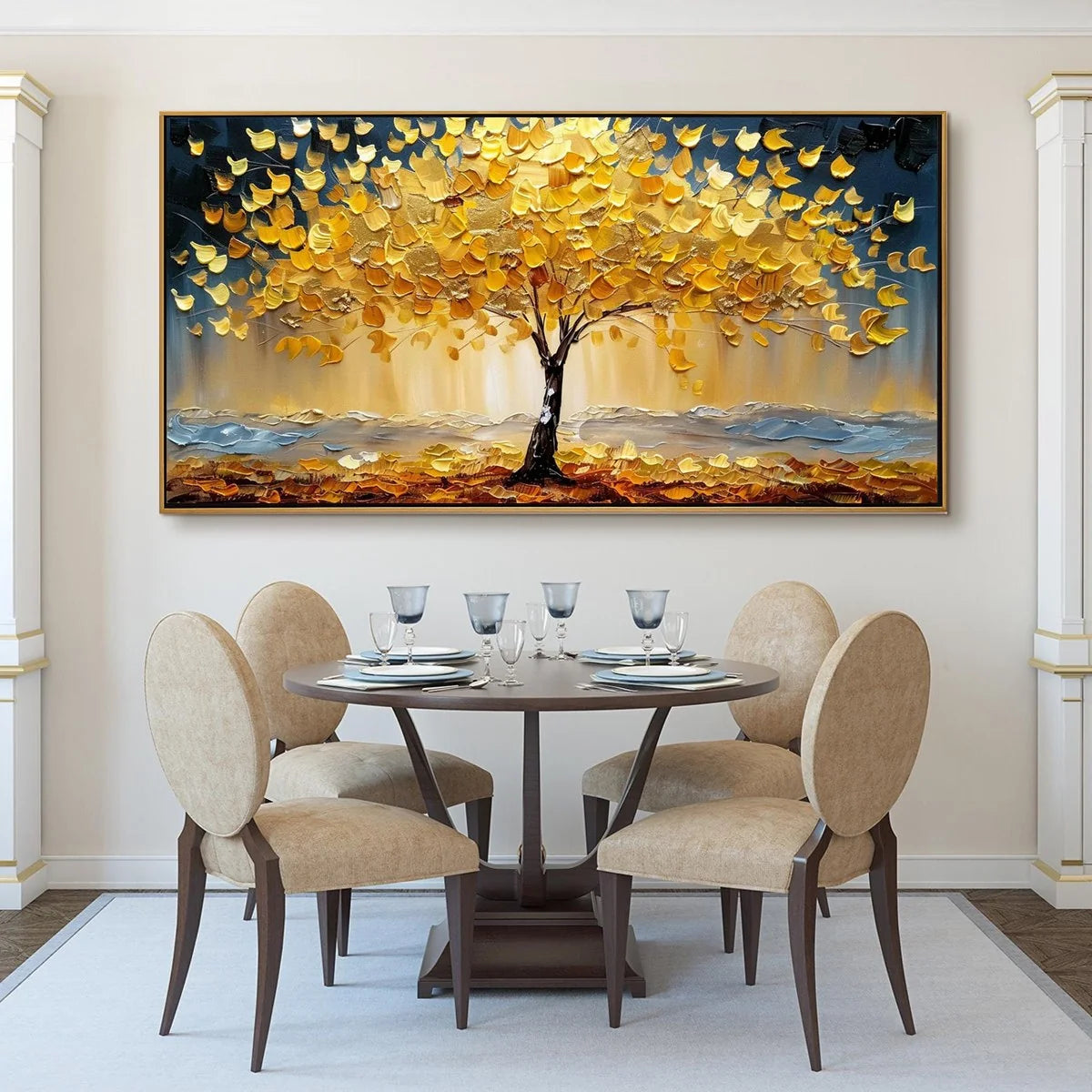 GOLDEN MAJESTY: Textured Impasto Golden Tree Oil Painting | Figurative mood, soft natural light studio shot