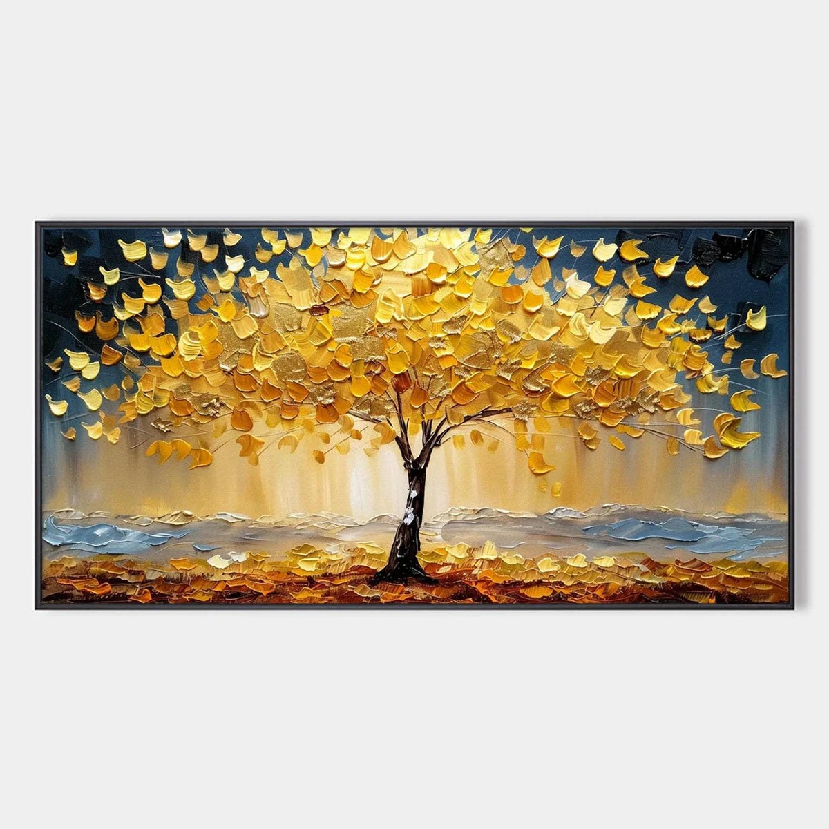 GOLDEN MAJESTY: Textured Impasto Golden Tree Oil Painting | hanging in living room, Figurative wall art