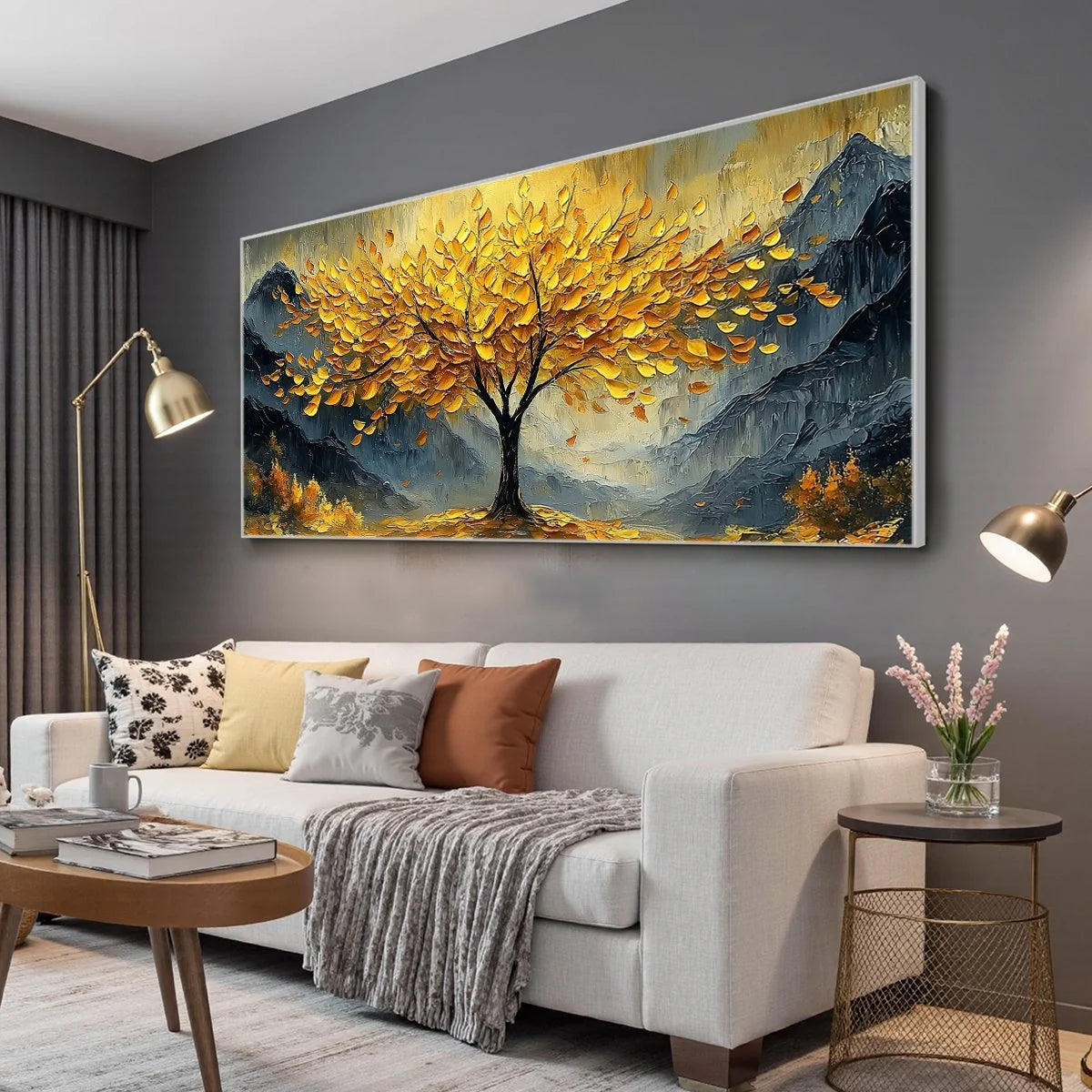 GOLDEN MAJESTY: Textured Landscape Oil Painting | gold frame stretched on neutral wall