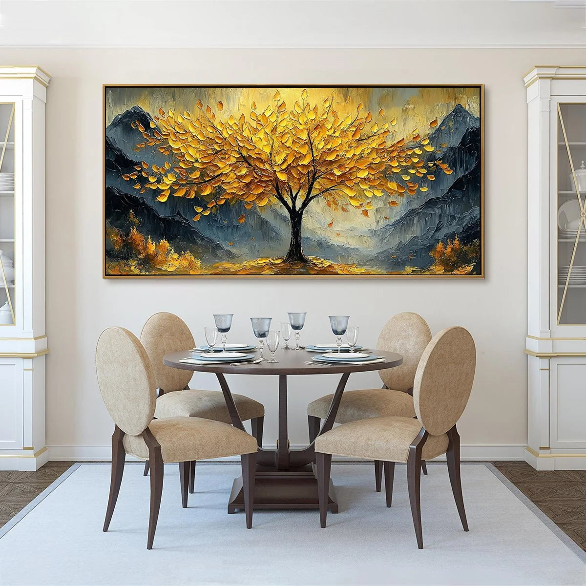 GOLDEN MAJESTY: Textured Landscape Oil Painting | black frame version on white wall