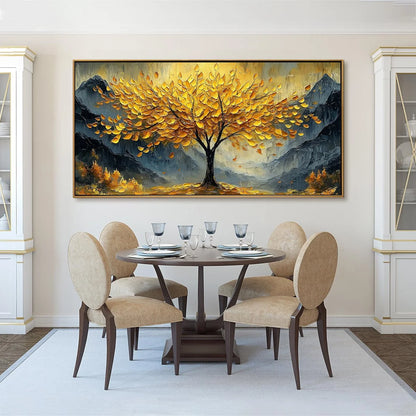 GOLDEN MAJESTY: Textured Landscape Oil Painting | black frame version on white wall