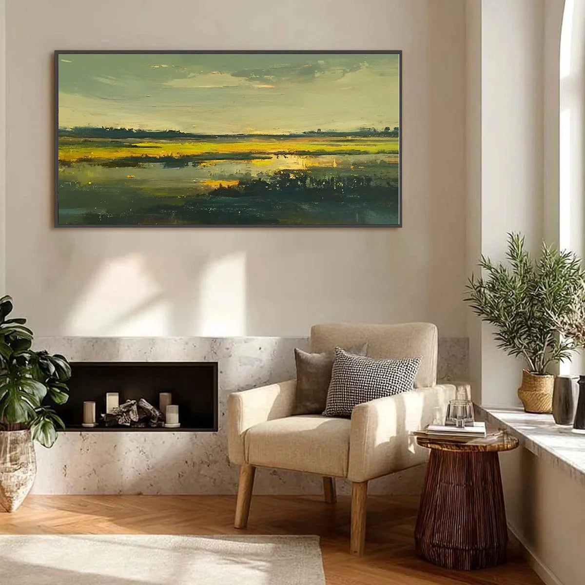 GOLDEN MARSH: Abstract Impressionist Landscape Painting | rectangular format, hand-painted canvas edge