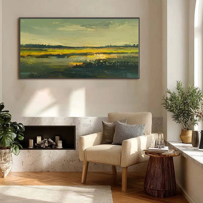 GOLDEN MARSH: Abstract Impressionist Landscape Painting | rectangular format, hand-painted canvas edge