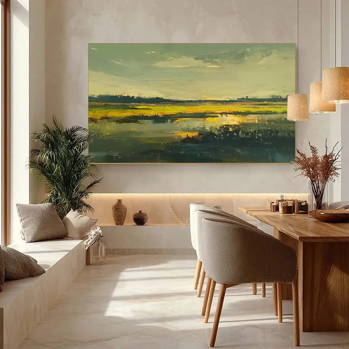 GOLDEN MARSH: Abstract Impressionist Landscape Painting | gold frame stretched on neutral wall