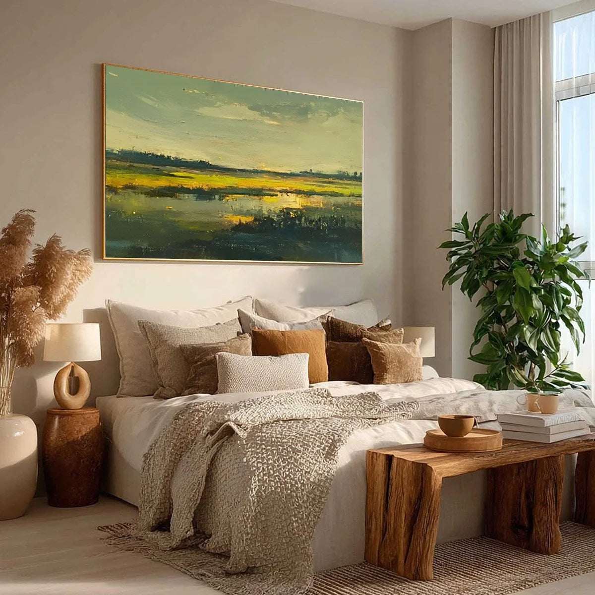 GOLDEN MARSH: Abstract Impressionist Landscape Painting | black frame version on white wall