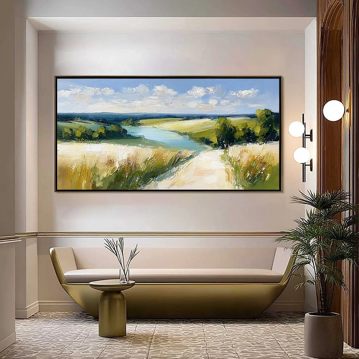 GOLDEN MEADOW PATH: Textured Impasto Landscape Painting of a Countryside River | Landscape closeup, raised brushwork detail