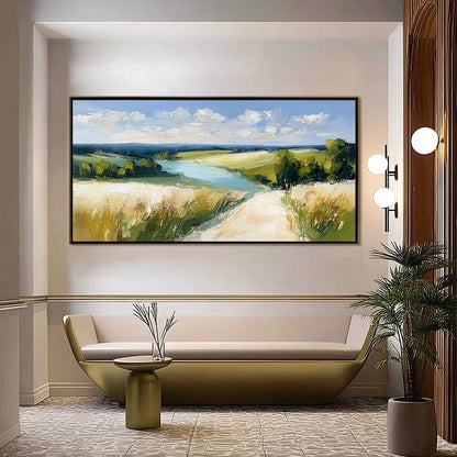 GOLDEN MEADOW PATH: Textured Impasto Landscape Painting of a Countryside River | Landscape closeup, raised brushwork detail