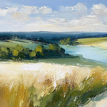 GOLDEN MEADOW PATH: Textured Impasto Landscape Painting of a Countryside River | rectangular format, hand-painted canvas edge