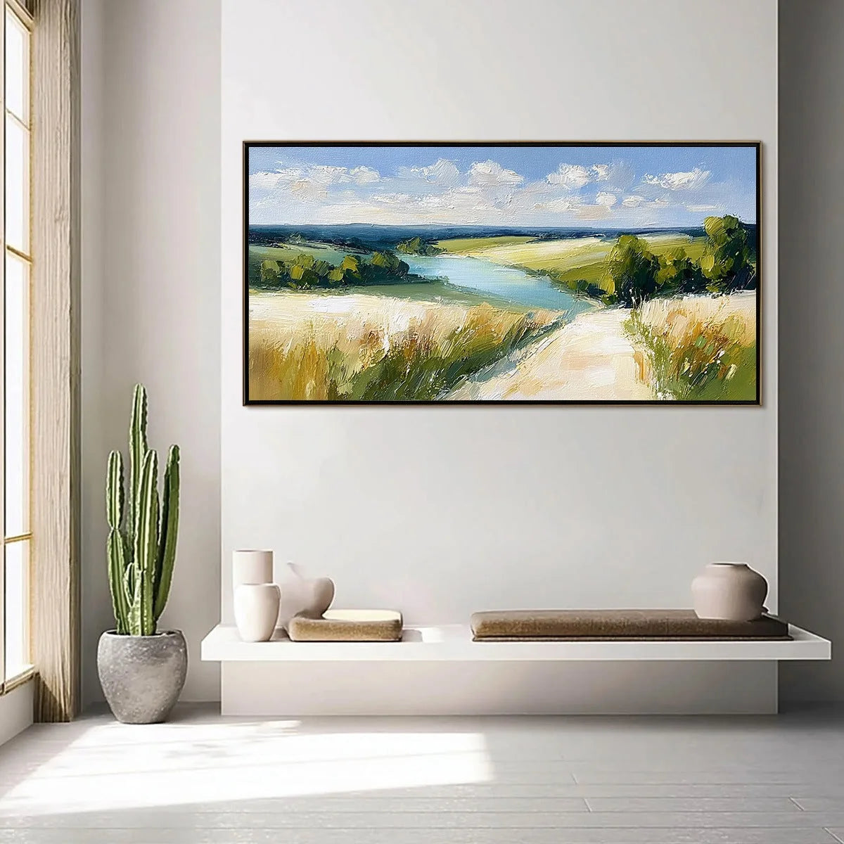 GOLDEN MEADOW PATH: Textured Impasto Landscape Painting of a Countryside River | gold frame stretched on neutral wall