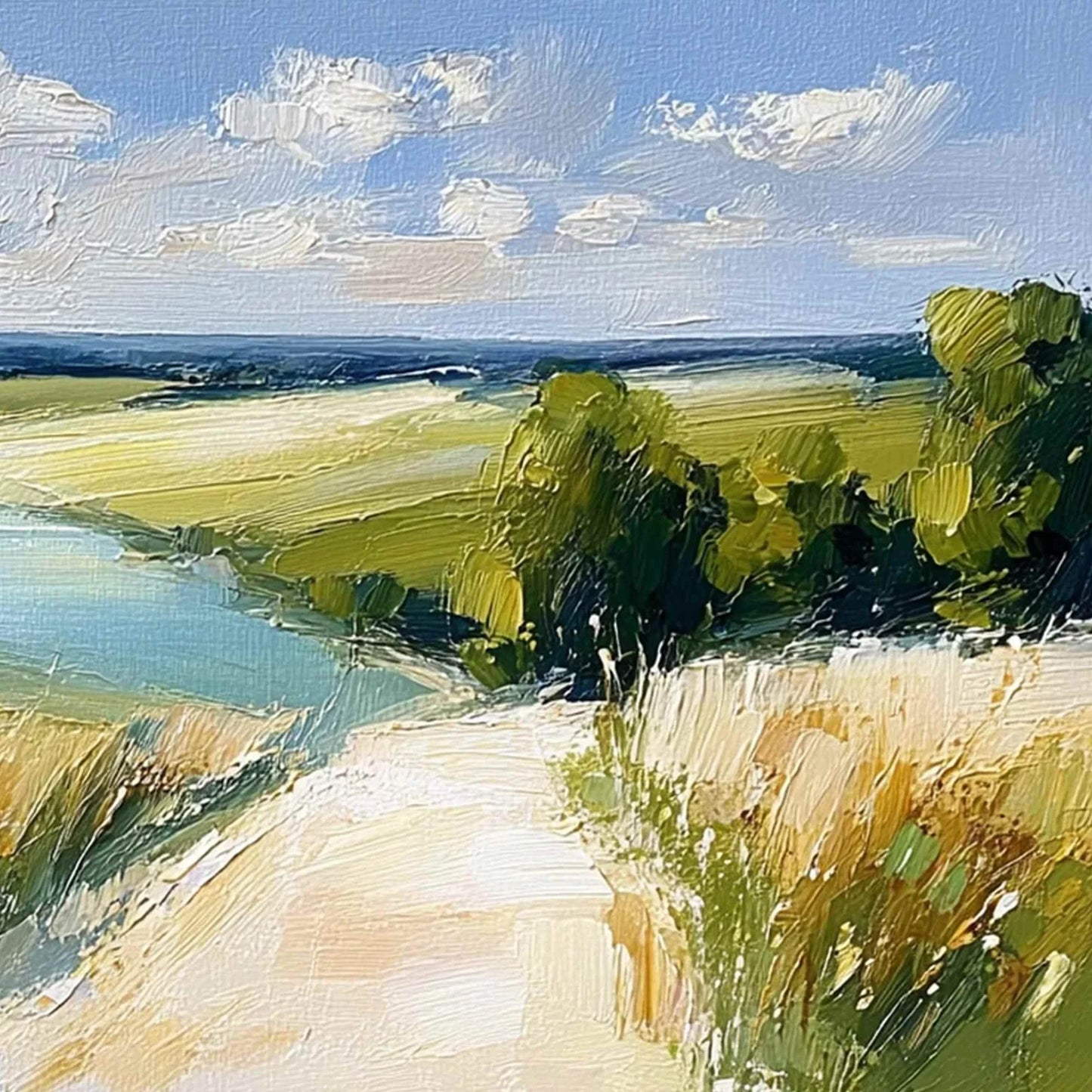 GOLDEN MEADOW PATH: Textured Impasto Landscape Painting of a Countryside River | rolled canvas, ready for custom framing