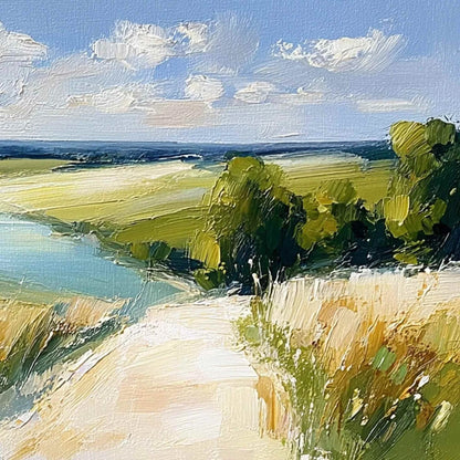 GOLDEN MEADOW PATH: Textured Impasto Landscape Painting of a Countryside River | rolled canvas, ready for custom framing