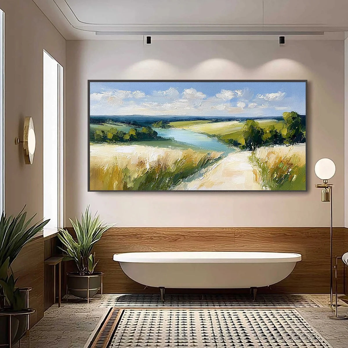 GOLDEN MEADOW PATH: Textured Impasto Landscape Painting of a Countryside River | black frame version on white wall