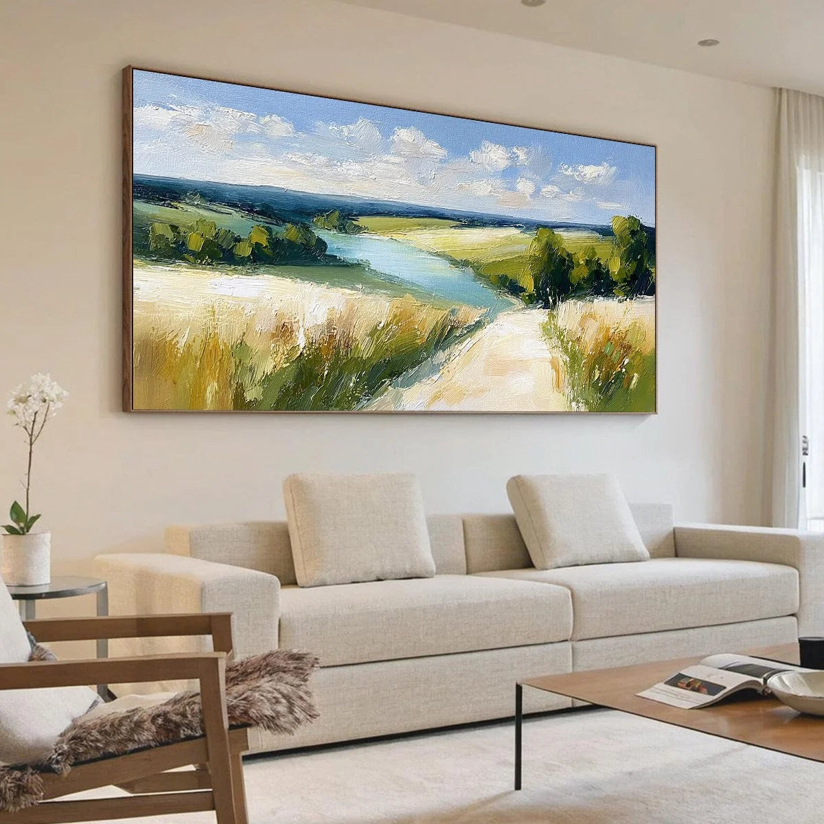 GOLDEN MEADOW PATH: Textured Impasto Landscape Painting of a Countryside River | Landscape mood, soft natural light studio shot